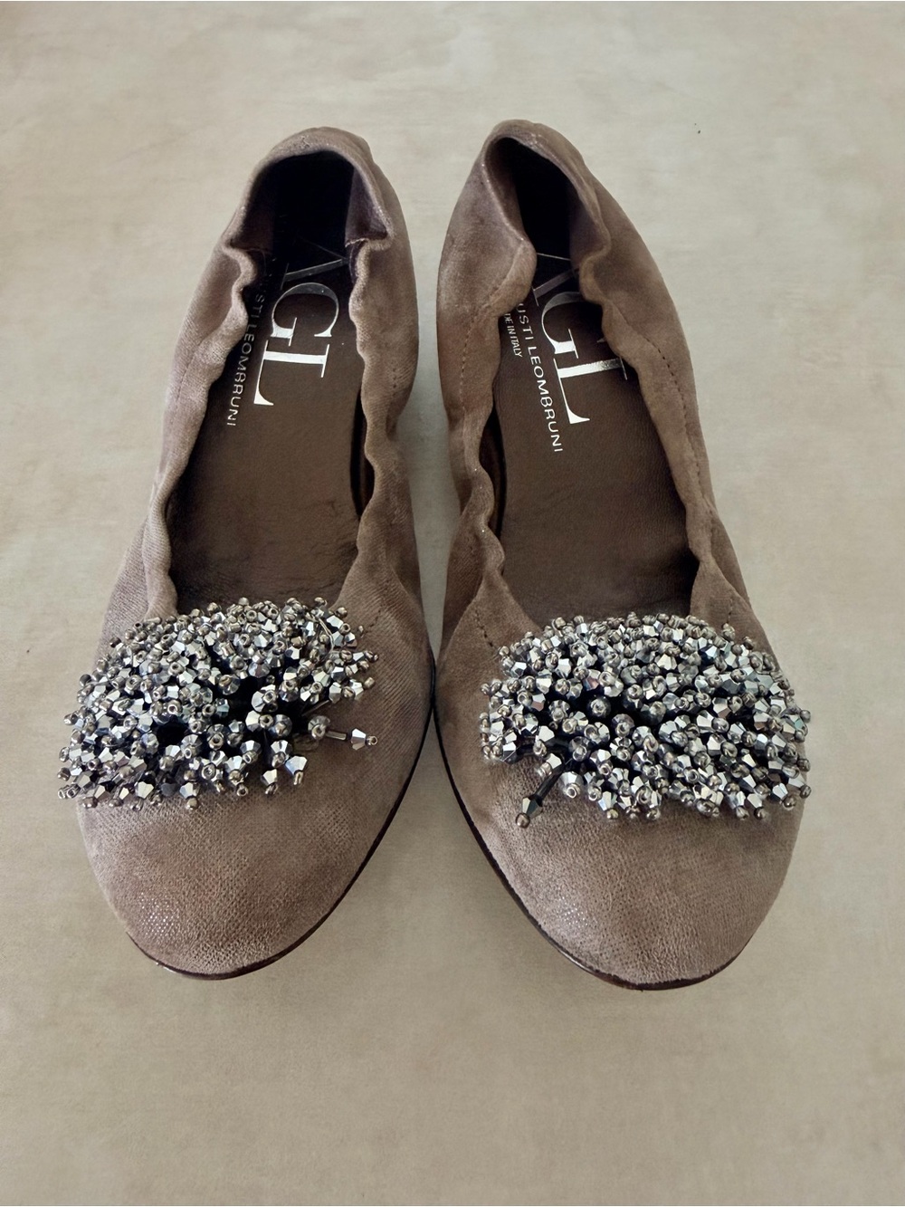 AGL Attilio Giusti Leombruni Taupe Beaded Suede Ballet Flats (Size 7.5)